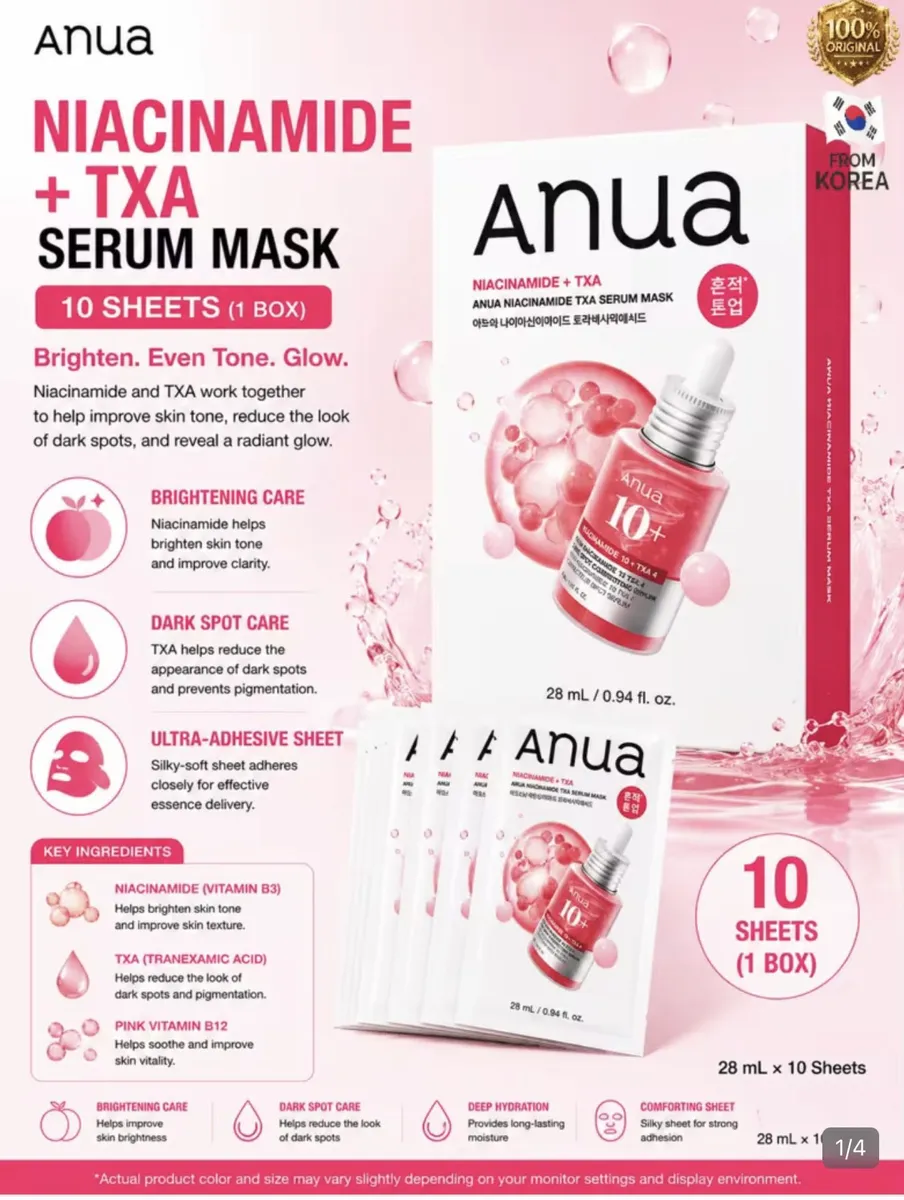 Opakowanie maseczki Anua Niacinamide + TXA Serum Mask z 10 płatami i buteleczką serum na różowym tle