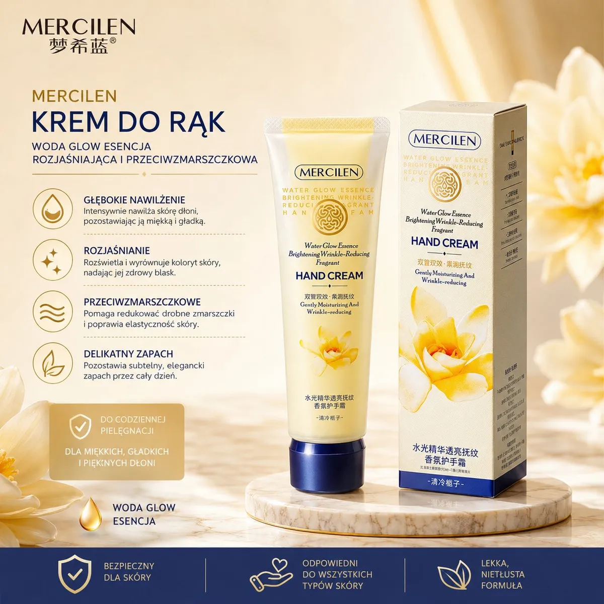 Krem do rąk Mercilen Water Glow Essence w jasnokremowej tubce z granatową zakrętką i opakowanie z kwiatowym motywem