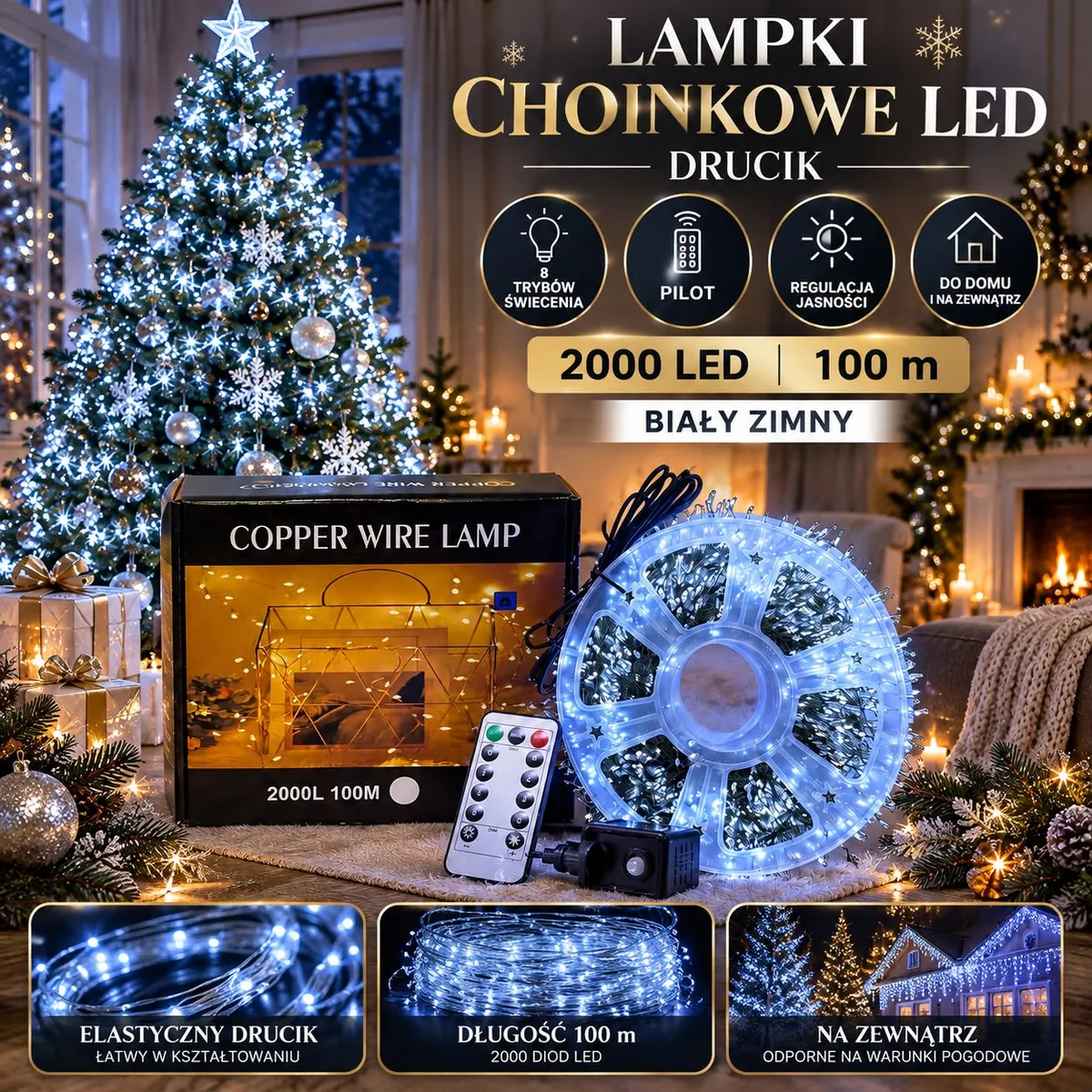 Lampki choinkowe LED na druciku w kolorze białym zimnym, 2000 diod, pilot, opakowanie