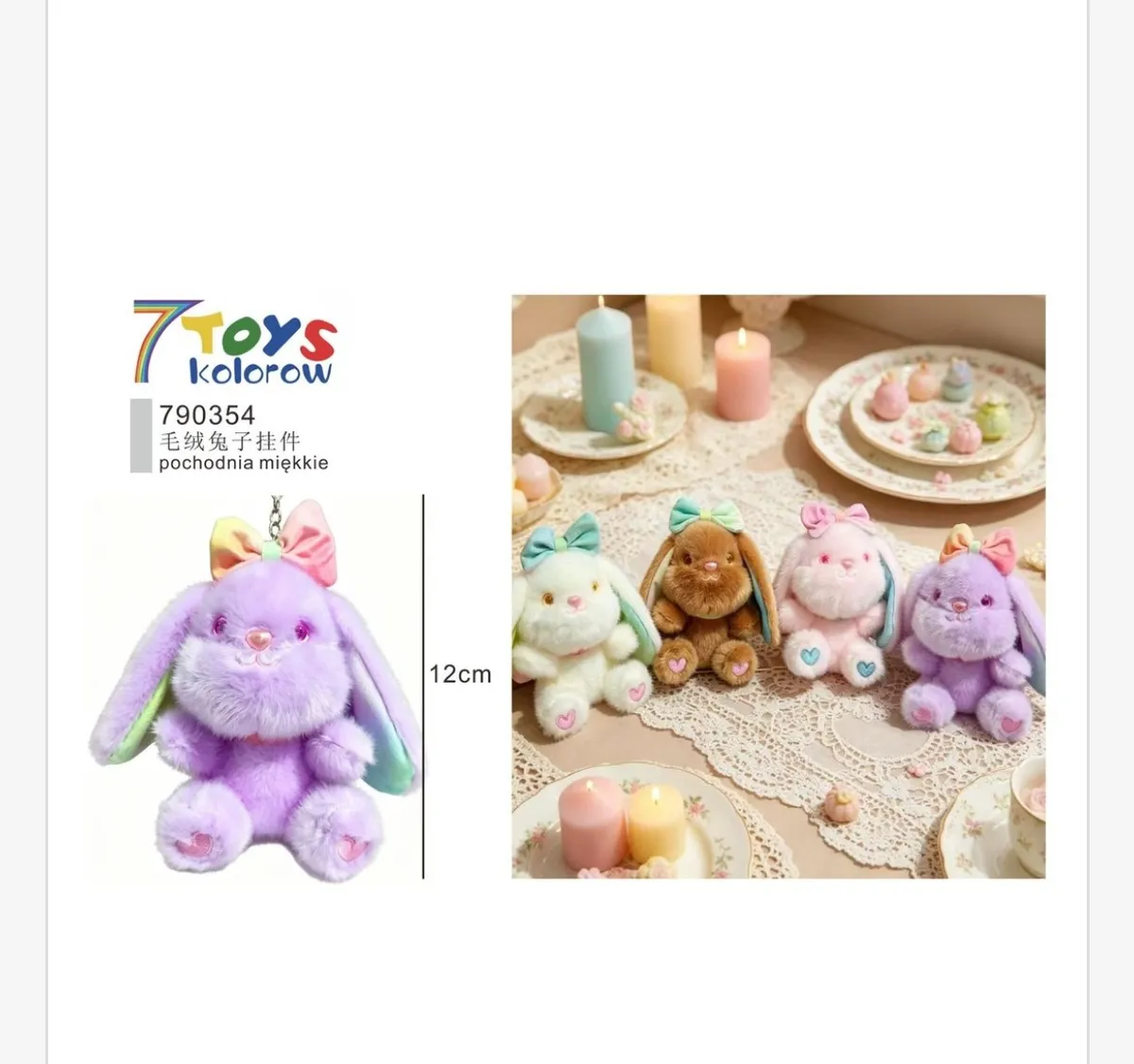 Pluszowy brelok królik 12 cm w pastelowych kolorach z kokardą i łańcuszkiem