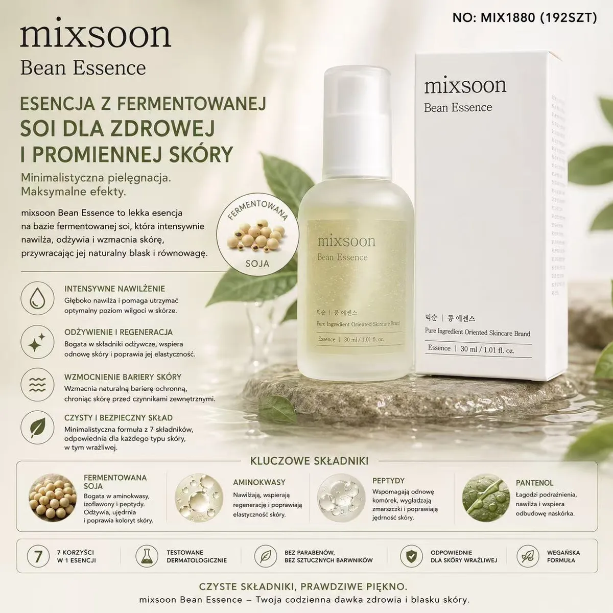 butelka esencji mixsoon Bean Essence 30 ml z dozownikiem i opakowanie na kamieniu