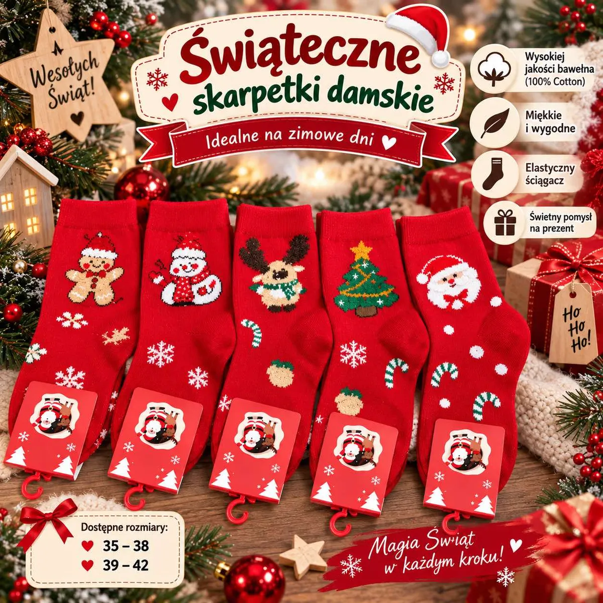 Czerwone skarpetki damskie z motywami świątecznymi: bałwanek, renifer, choinka, Mikołaj