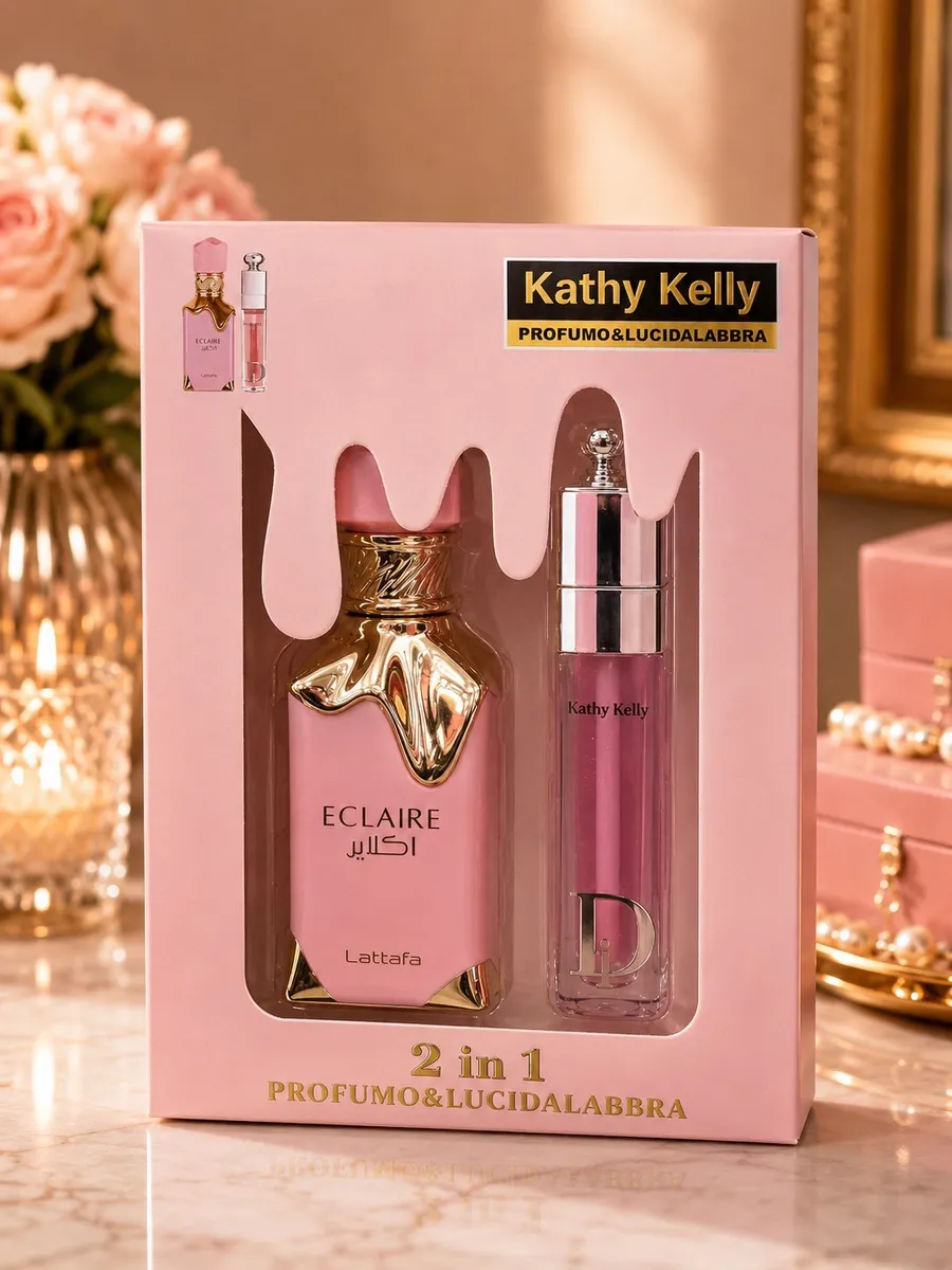 Zestaw prezentowy Kathy Kelly Eclaire Pink z różowymi perfumami i balsamem do ust w różowym opakowaniu