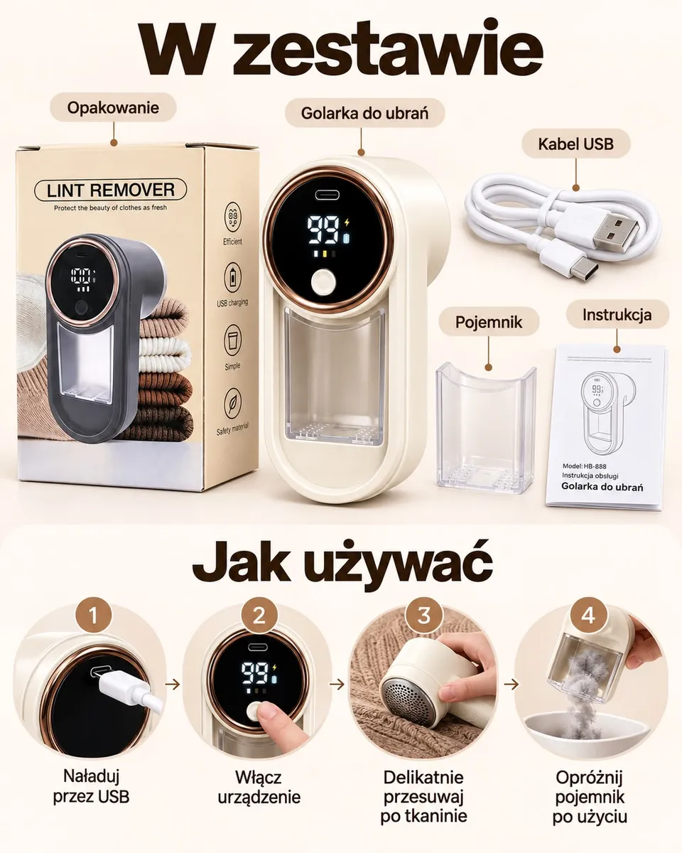 Golarka do ubrań kremowa z wyświetlaczem LED, pojemnik na zmechacenia, kabel USB i instrukcja obsługi