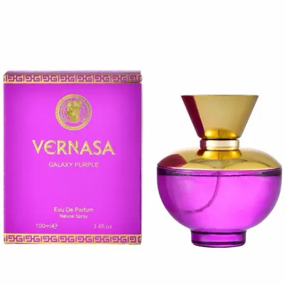 Butelka perfum Vernasa Galaxy Purple fioletowo-złota oraz fioletowe opakowanie z złotym wzorem