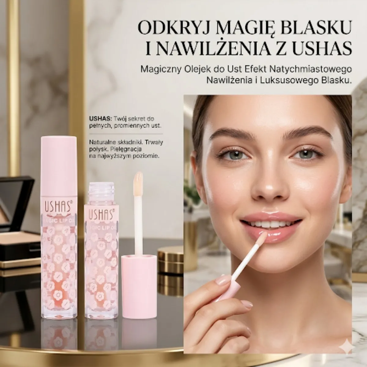 Różowy olejek do ust USHAS z aplikatorem i modelka nakładająca produkt na usta