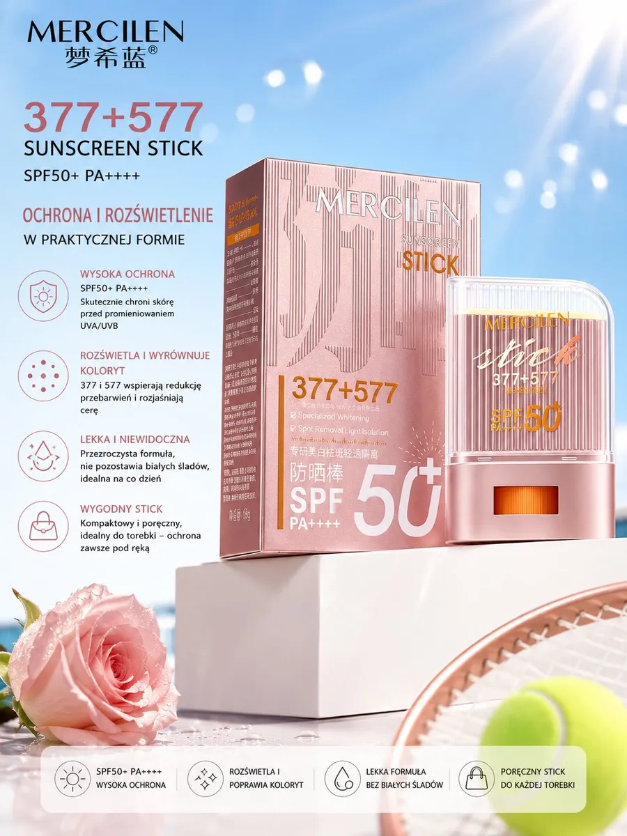 Różowy sztyft Mercilen 377+577 SPF50+ PA++++ z opakowaniem na białym tle z różą i rakietą tenisową