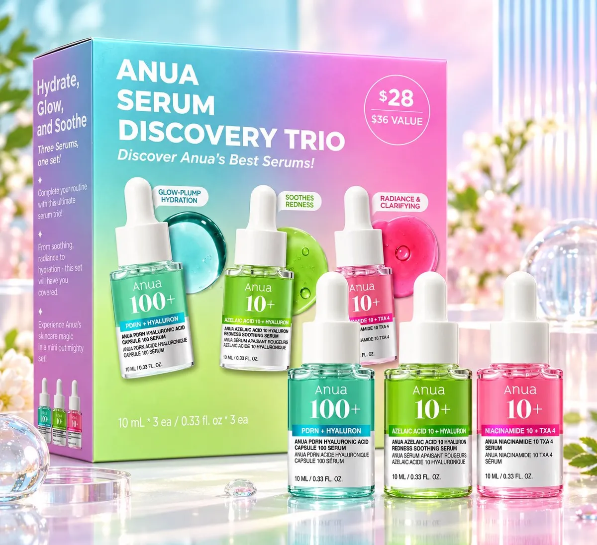 Zestaw trzech kolorowych serum Anua Serum Discovery Trio w buteleczkach 10 ml z pipetą