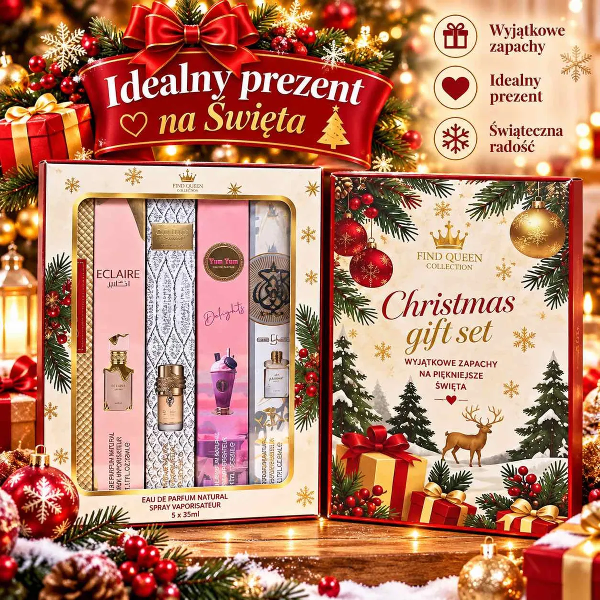 Świąteczny zestaw perfumetek Find Queen Collection 5x35ml w ozdobnym pudełku z motywem choinek i prezentów