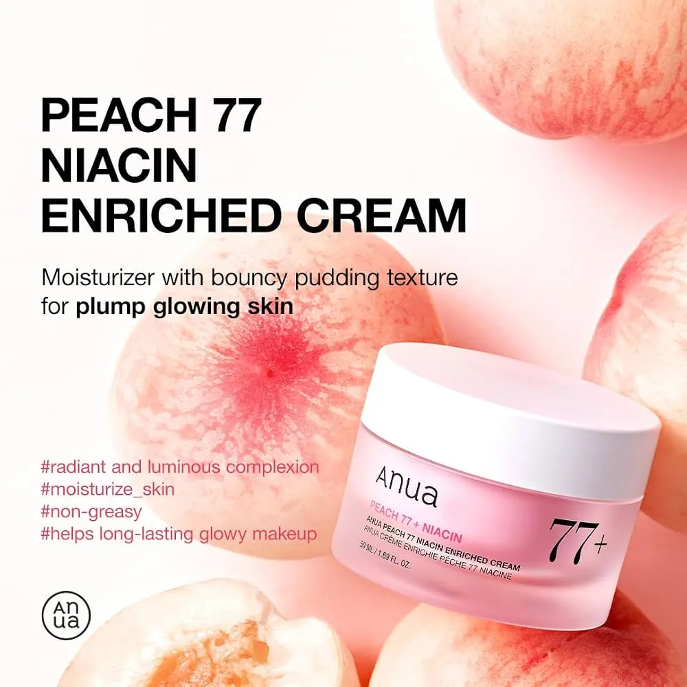 różowy krem do twarzy Anua Peach 77 Niacin Enriched Cream 50 ml na tle brzoskwiń