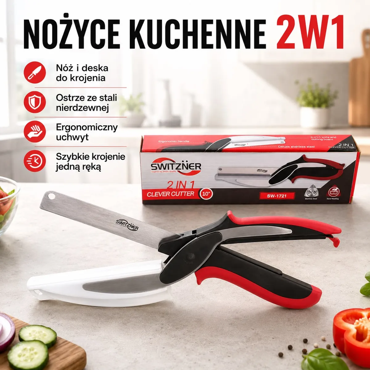 Nożyce kuchenne 2w1 czerwono-czarne z białą deską do krojenia i opakowaniem Switzner SW-1721