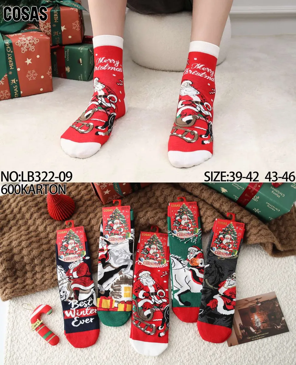 Czerwone skarpetki świąteczne z Mikołajem na sankach i napisem Merry Christmas, rozmiar 39-46