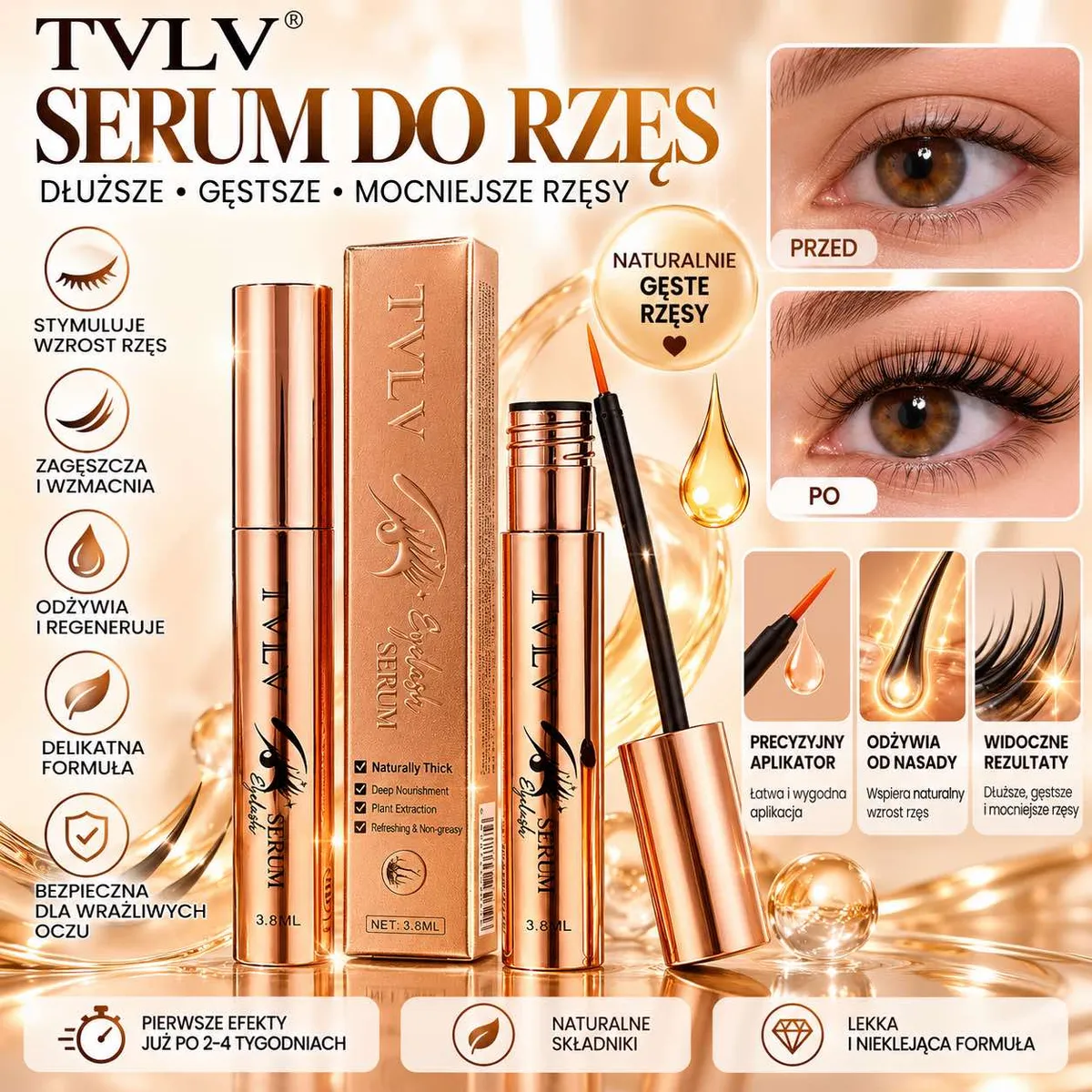 złociste serum do rzęs TVLV 3,8 ml z precyzyjnym aplikatorem i zdjęcia przed i po zastosowaniu