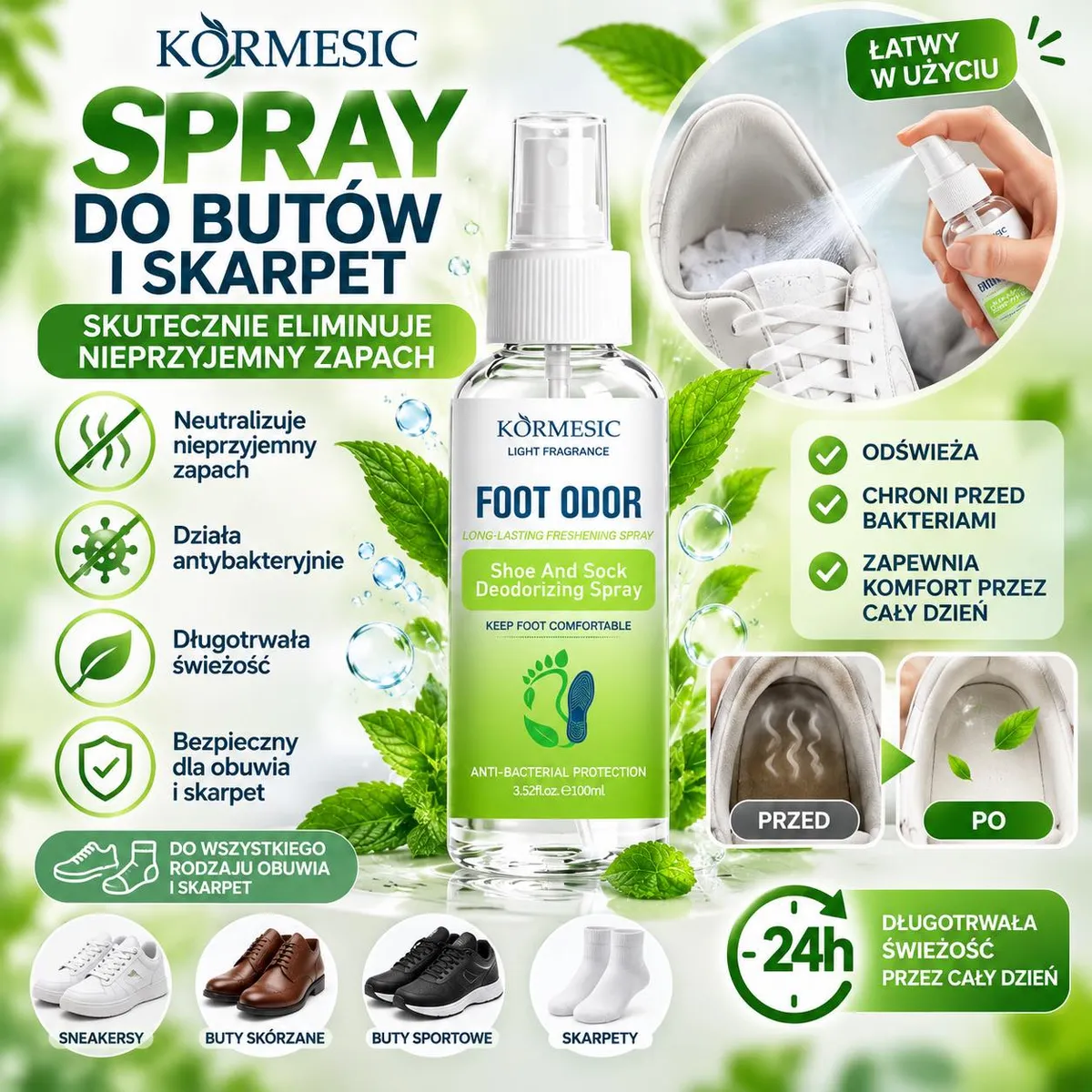 Butelka sprayu KORMESIC Foot Odor 100 ml z atomizerem i grafika pokazująca użycie na białych butach