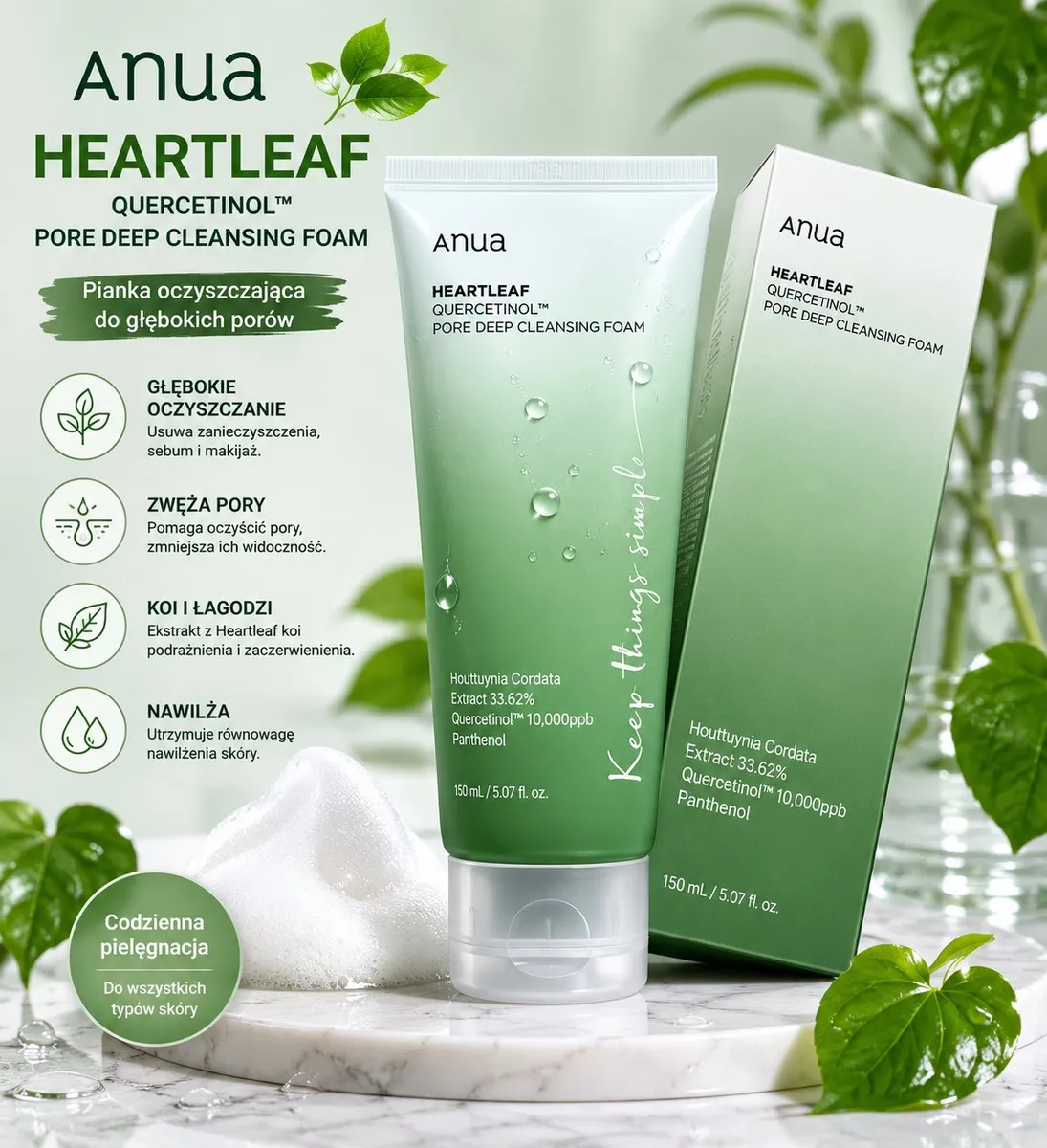 zielono-biała tubka pianki oczyszczającej Anua Heartleaf 150 ml z opakowaniem i pianą na marmurowej powierzchni