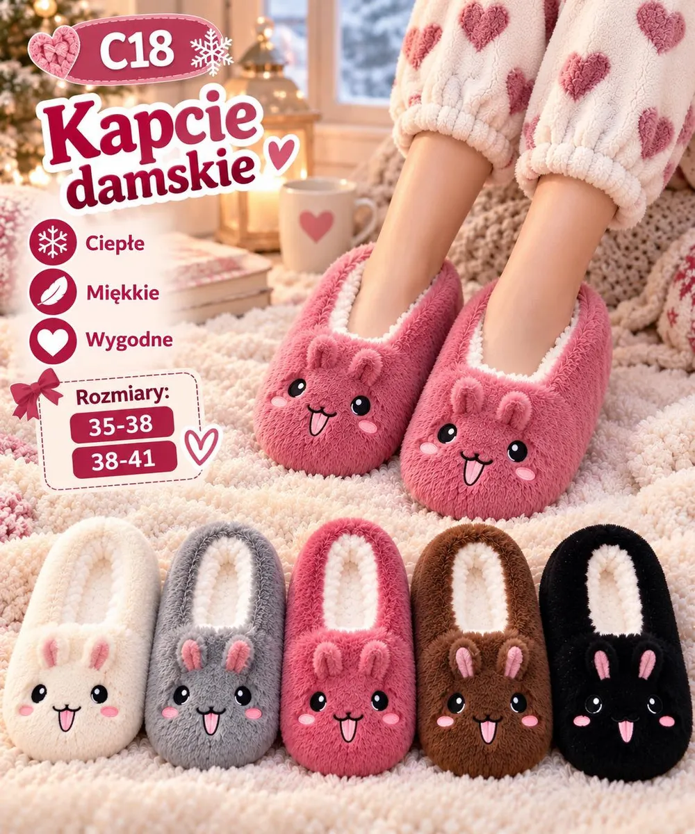 Kapcie damskie pluszowe w kolorach różowym, białym, szarym, brązowym i czarnym z motywem króliczka
