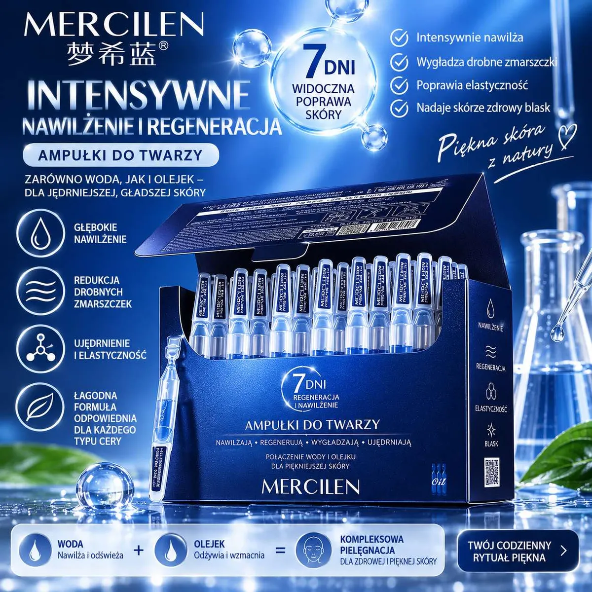 Granatowe opakowanie ampułek MERCILEN do twarzy z intensywnym nawilżeniem i regeneracją