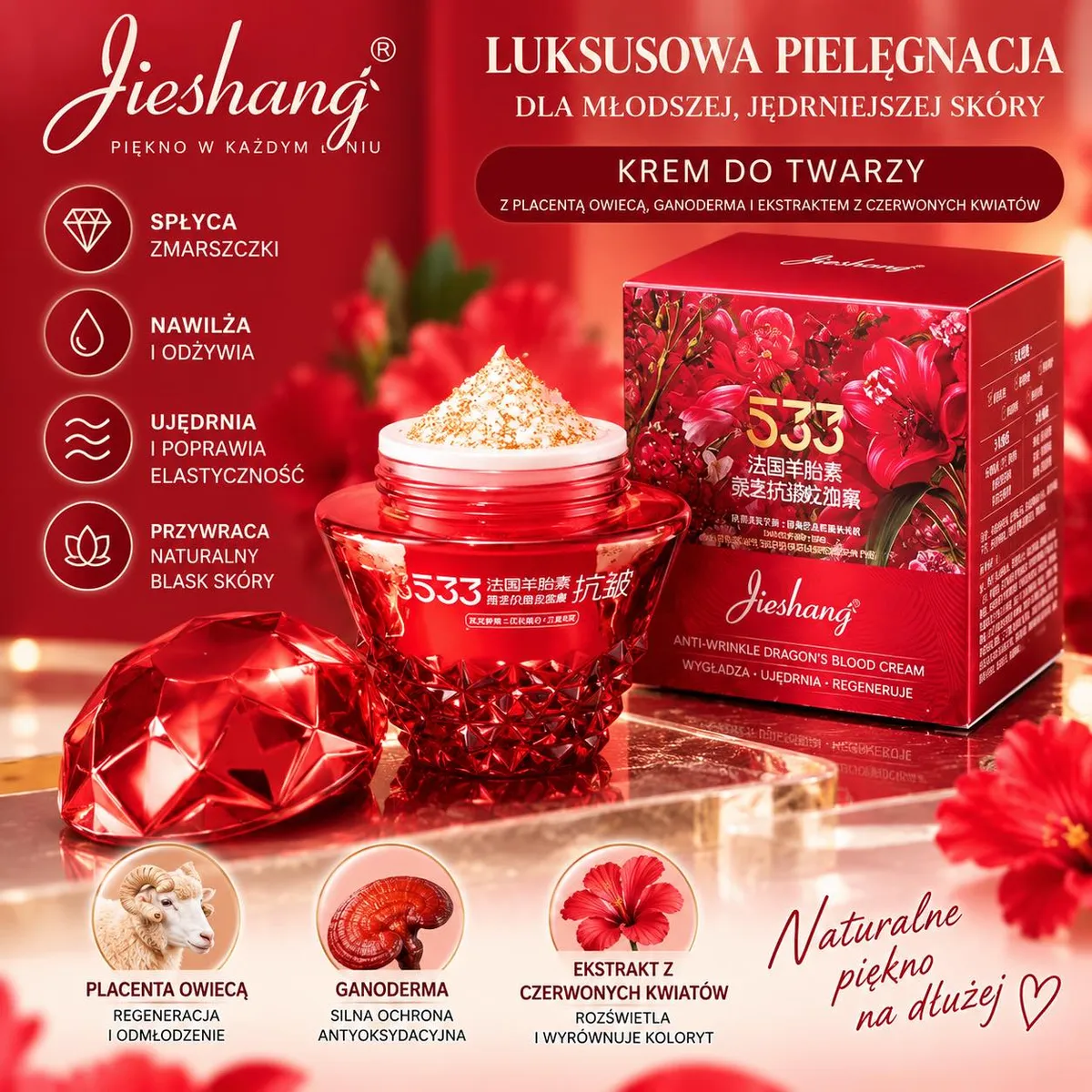 Czerwony krem do twarzy Jieshang 533 w ozdobnym szklanym słoiku z pokrywką i pudełkiem z motywem czerwonych kwiatów
