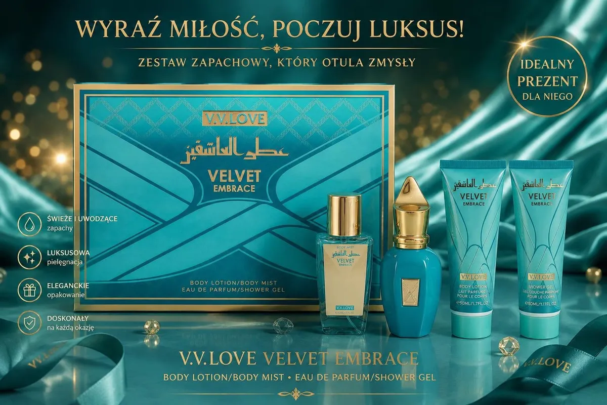 Turkusowy zestaw zapachowy V.V.LOVE Velvet Embrace z body lotion, body mist, perfumą i żelem pod prysznic