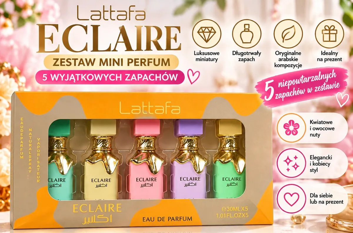 Zestaw 5 mini perfum Lattafa Eclaire w kolorowych flakonikach z złotymi zdobieniami w kartonowym opakowaniu
