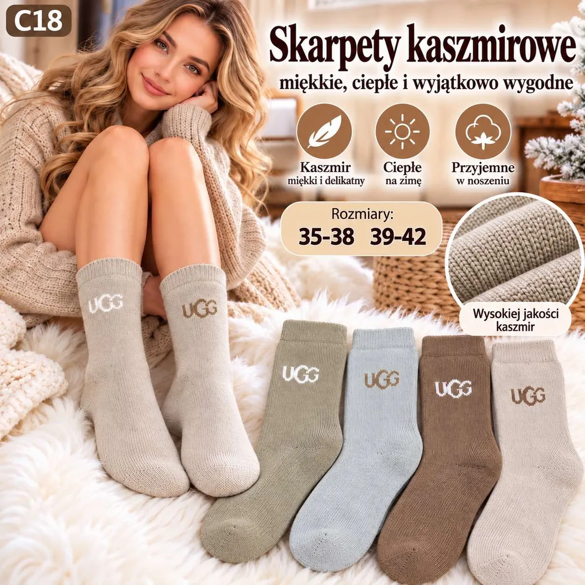 Kobieta w beżowych skarpetach kaszmirowych UGG, obok cztery pary skarpet w różnych odcieniach beżu i brązu