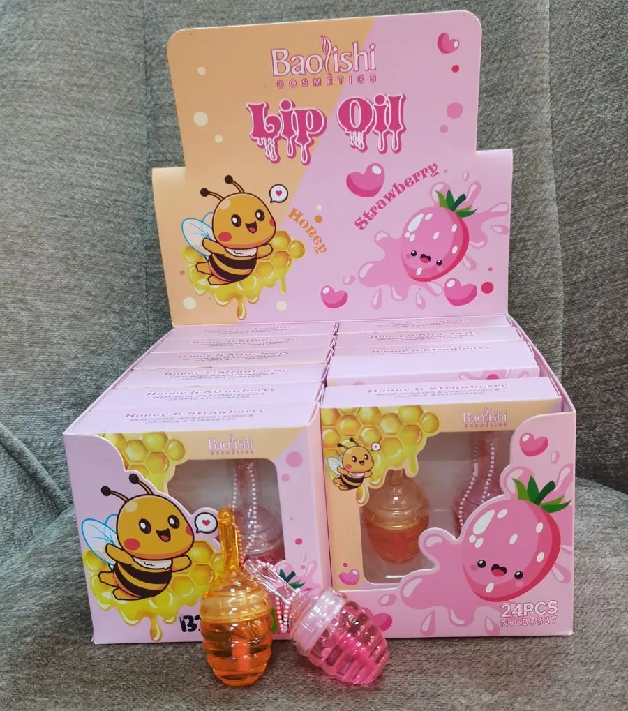 Opakowanie zbiorcze błyszczyków do ust Baolishi Cosmetics z motywem miodu i truskawki, 24 sztuki