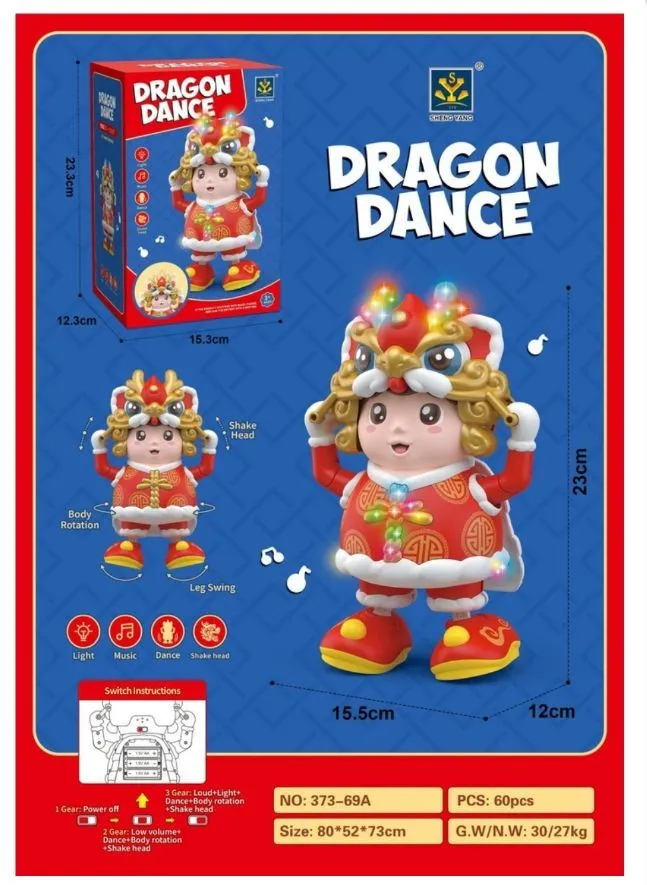Figurka taneczna dragon dance w czerwonym stroju z podświetleniem i muzyką, wysokość 23 cm