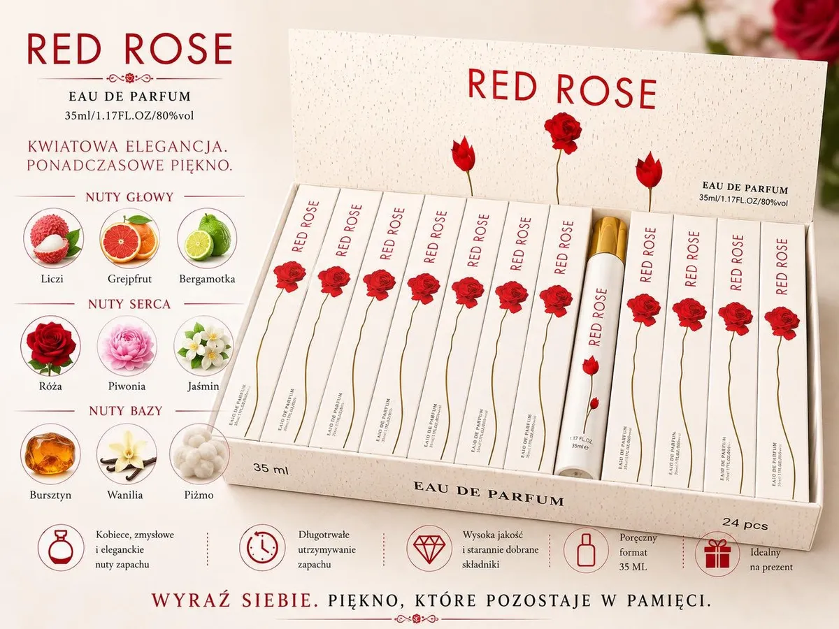 Zestaw 24 perfum Red Rose 35 ml w białych kartonikach z czerwonym motywem róży