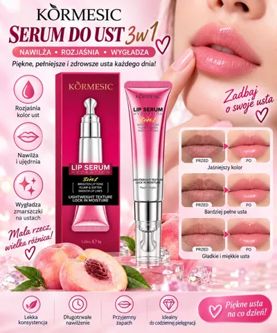 Różowo-metaliczne serum do ust Körmesic 3w1 z aplikatorem i kartonikiem, zdjęcia efektów na ustach