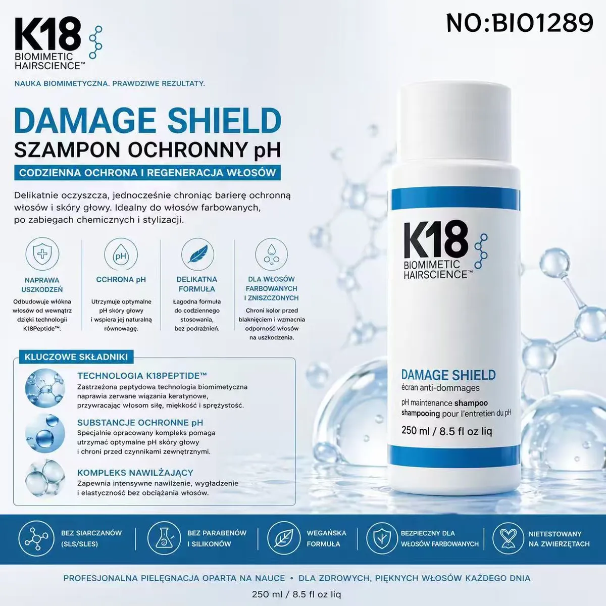 Biały flakon szamponu K18 Damage Shield 250 ml z niebieskimi akcentami i opisem ochrony włosów