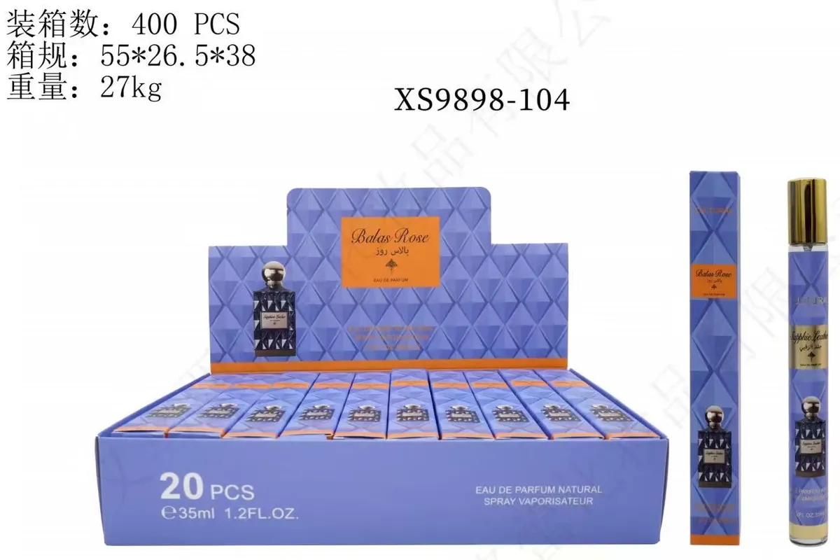 Perfumetki Balas Rose 35ml w fioletowym opakowaniu z geometrycznym wzorem, 20 sztuk w pudełku