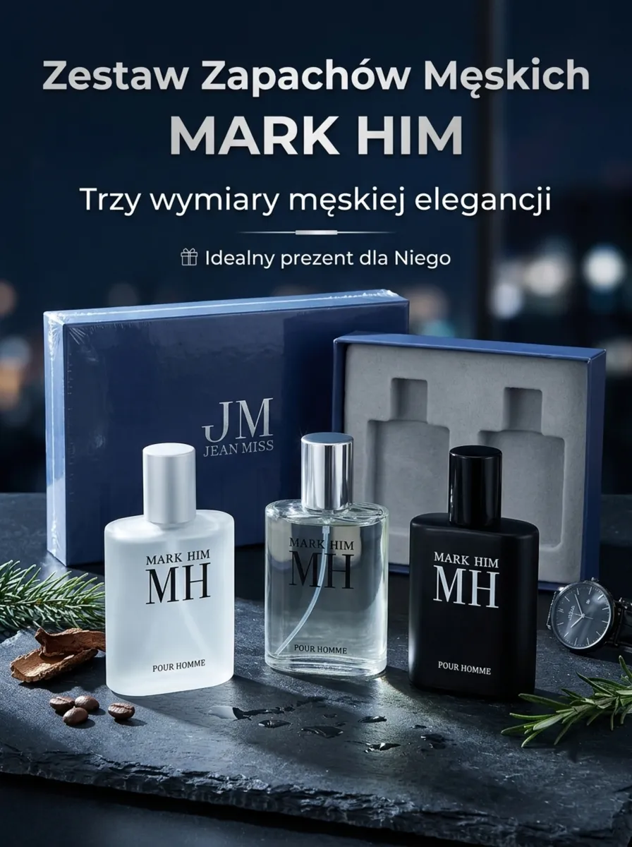Zestaw trzech męskich perfum Mark Him 3x30ml w granatowym pudełku z logo JM Jean Miss
