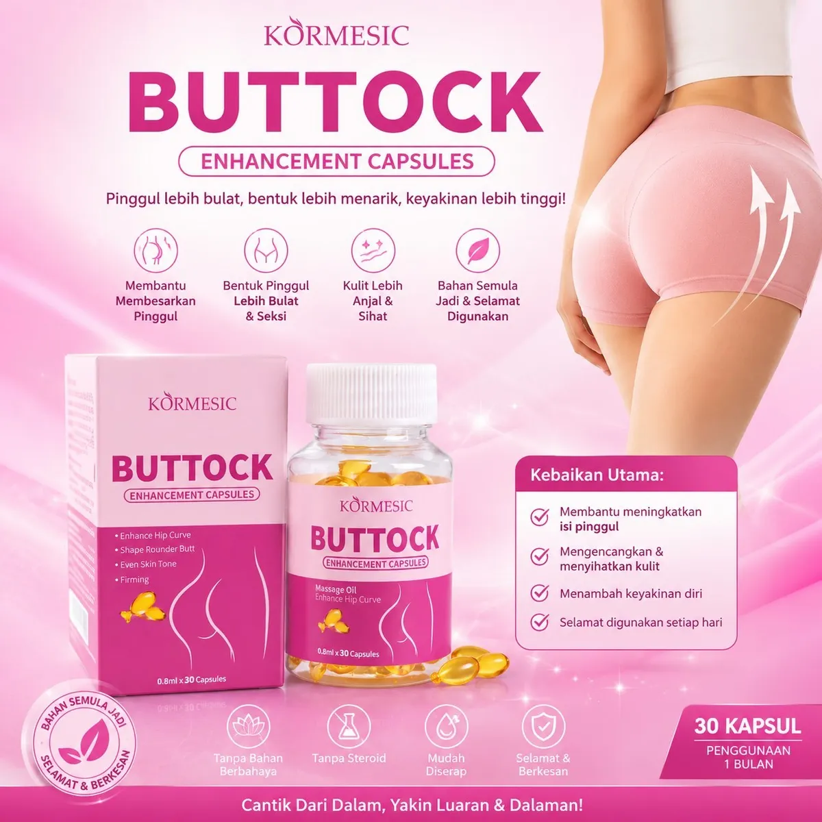 opakowanie i butelka kapsułek do pielęgnacji pośladków KORMESIC Buttock Enhancement Capsules z różowym tłem