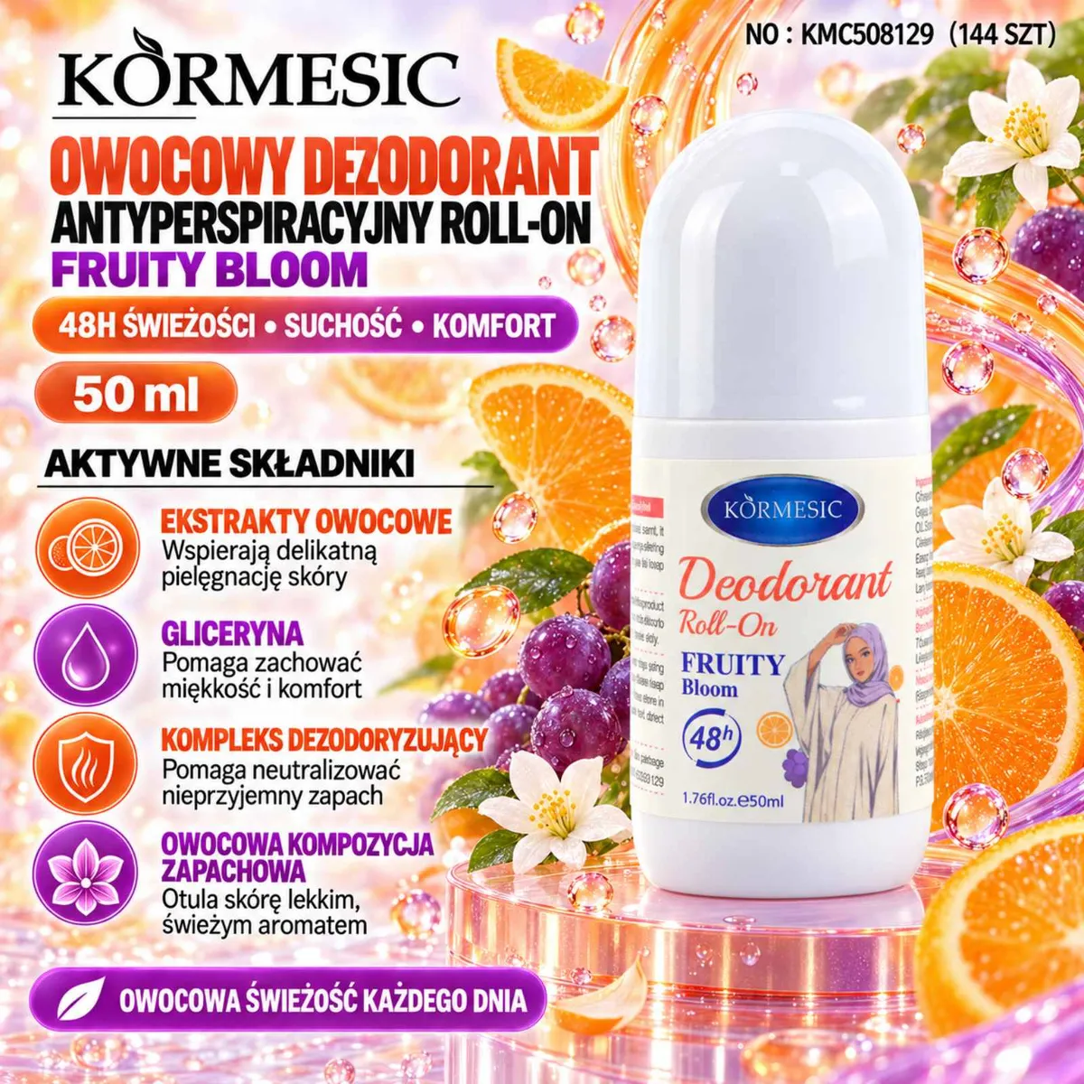 Biały dezodorant roll-on Körmesic Fruity Bloom 50 ml z etykietą i owocowymi grafikami