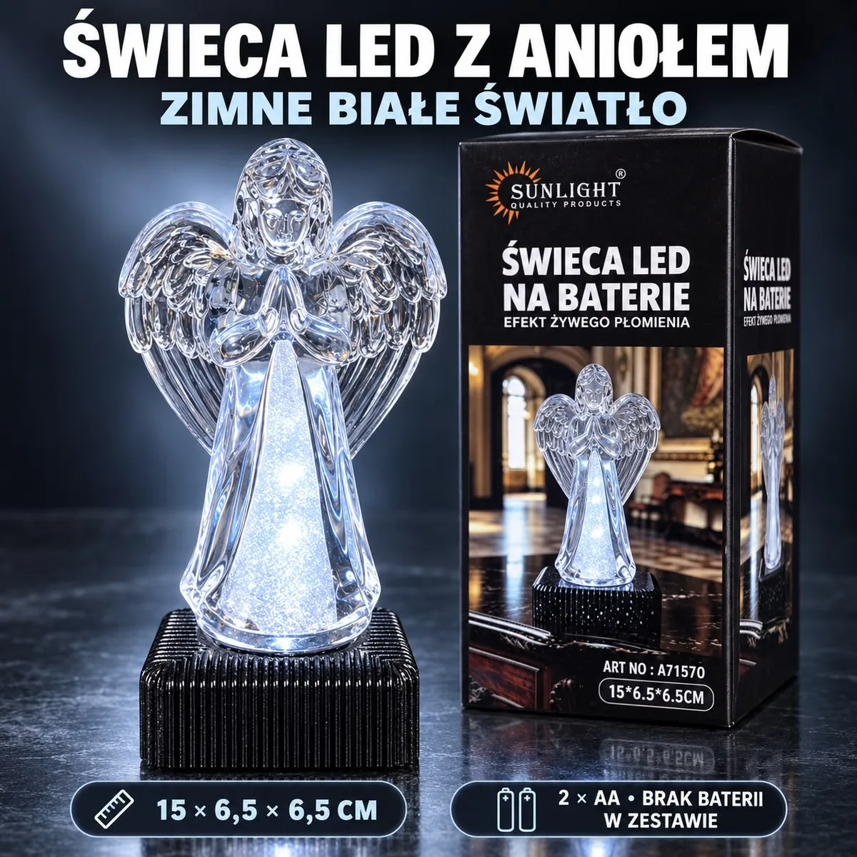 Przezroczysta świeca LED w kształcie anioła z zimnym białym światłem na czarnej podstawie obok opakowania