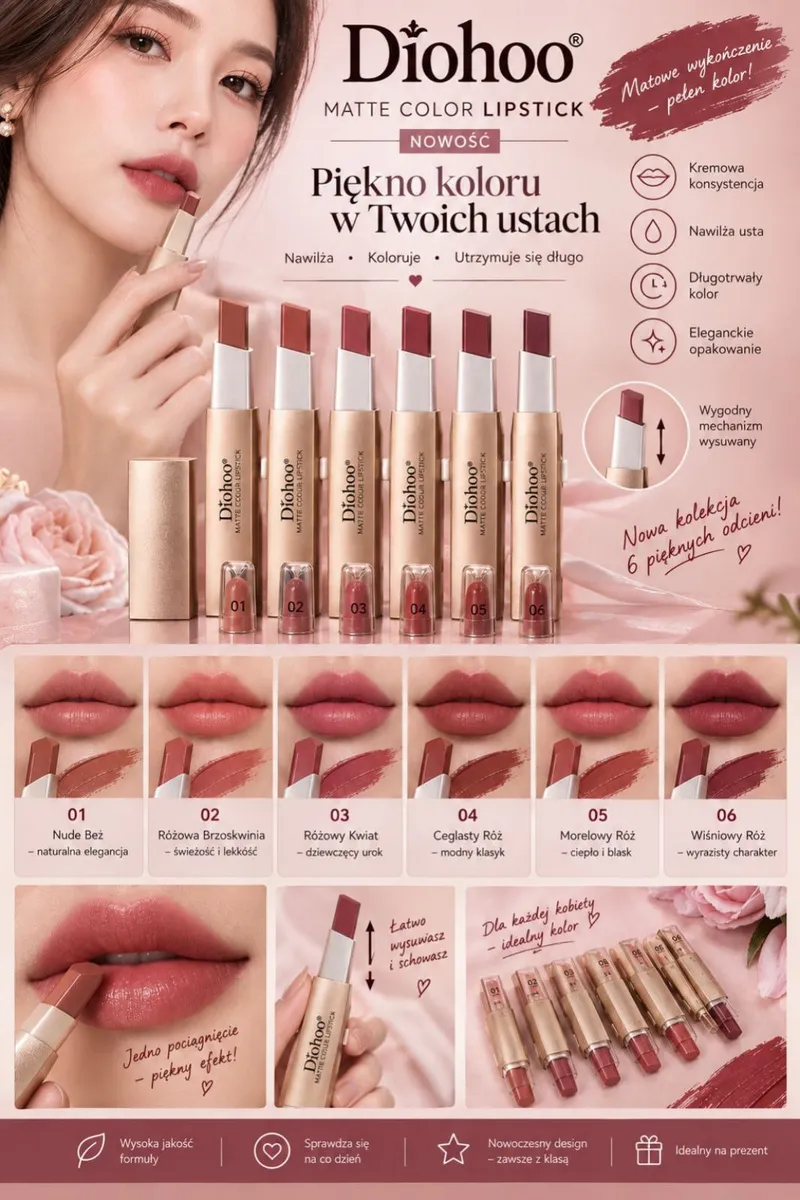 Matowe pomadki Diohoo w 6 odcieniach z kremową konsystencją i eleganckim złotym opakowaniem