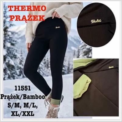 Czarne legginsy damskie termo prążek Bamboo z zielonym ociepleniem i złotym logo
