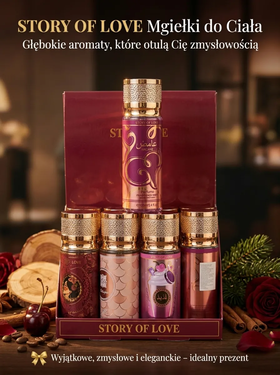 Zestaw bordowo-złotych mgiełek do ciała story of love w eleganckim opakowaniu prezentowym