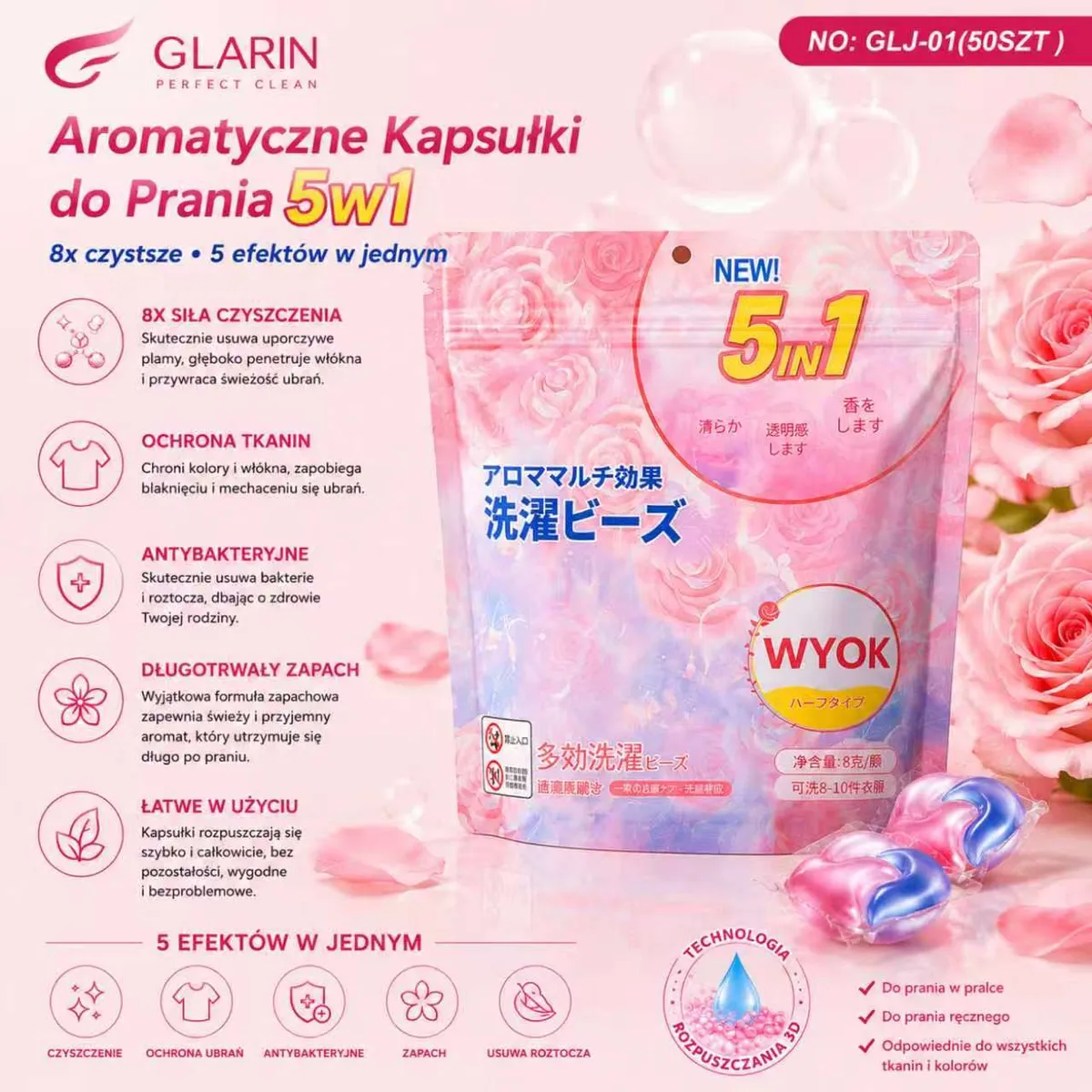 Opakowanie różowo-niebieskich kapsułek do prania GLARIN 5w1 z motywem róż i kapsułki na pierwszym planie