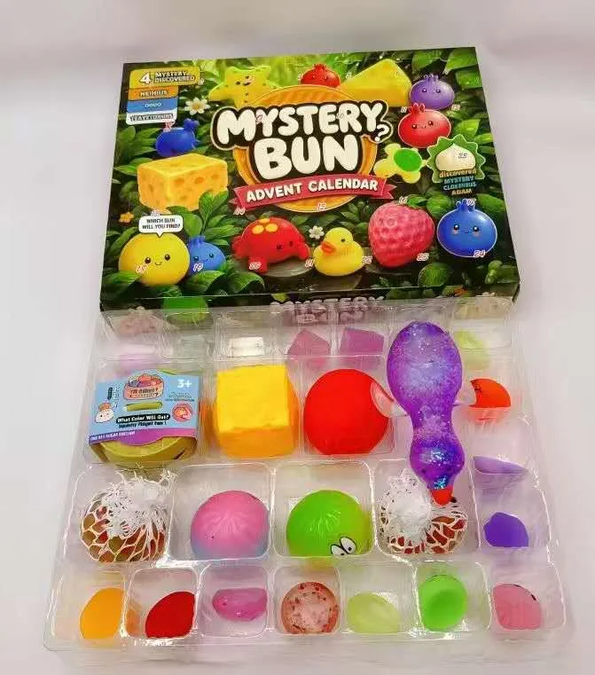 Zestaw kolorowych miękkich figurek Mystery Bun w plastikowym opakowaniu kalendarza adwentowego