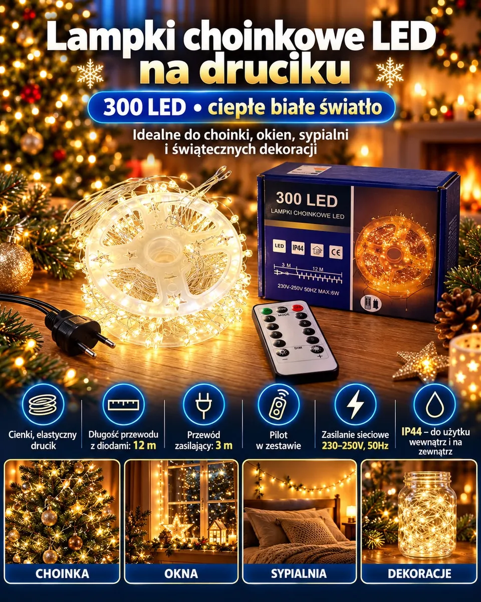 Lampki choinkowe LED na cienkim druciku z pilotem i opakowaniem, ciepłe białe światło