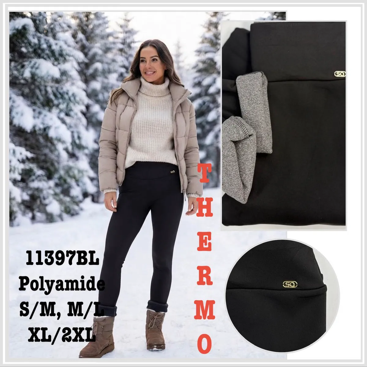Czarne legginsy damskie ocieplane z poliamidu na modelce w zimowym plenerze oraz detale materiału i logo
