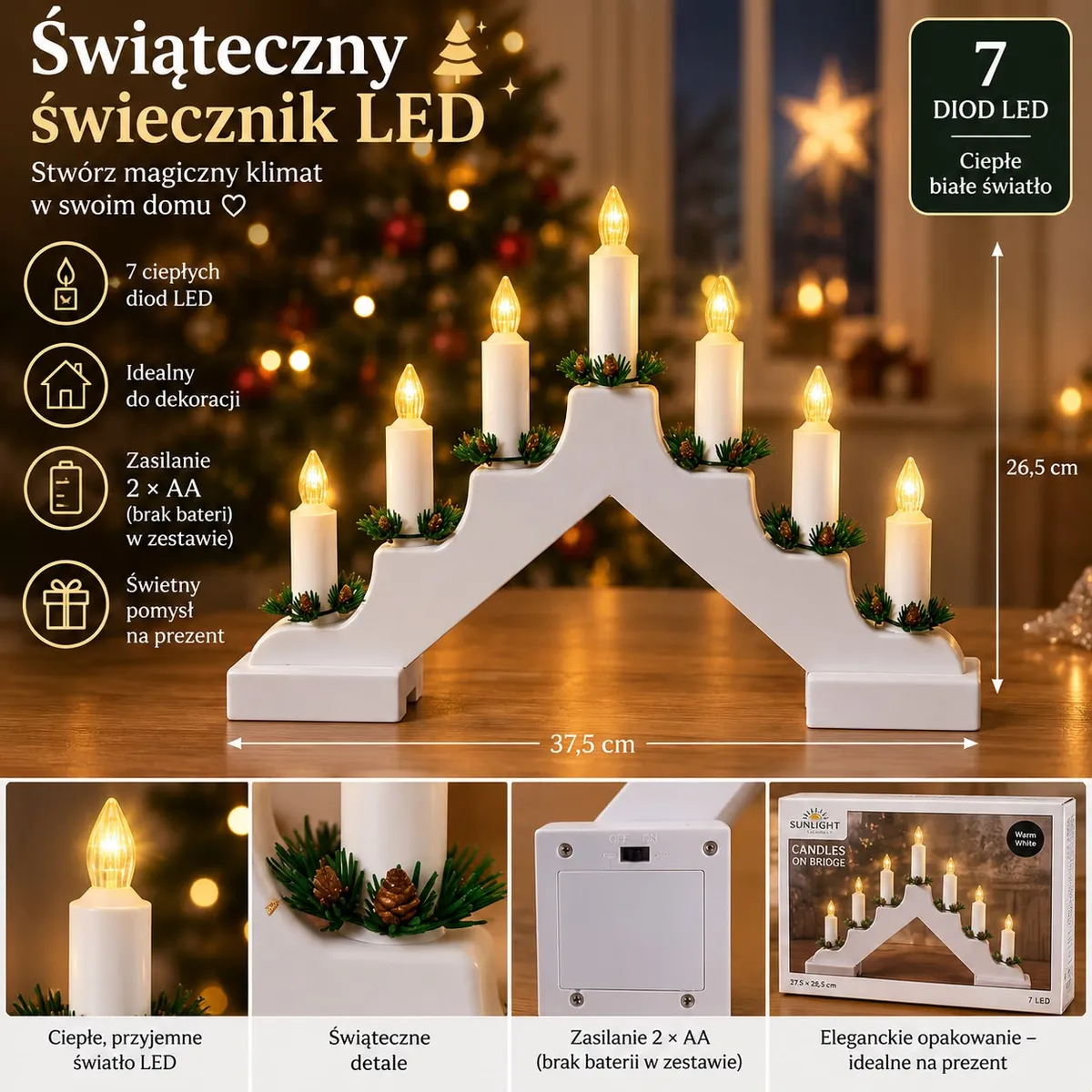 biały 7-ramienny świecznik LED z ciepłym światłem i świątecznymi ozdobami na stole