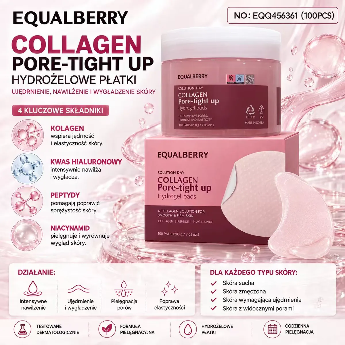Opakowanie hydrożelowych płatków Equalberry Collagen Pore-tight Up 100 szt z różowym pudełkiem i słoikiem