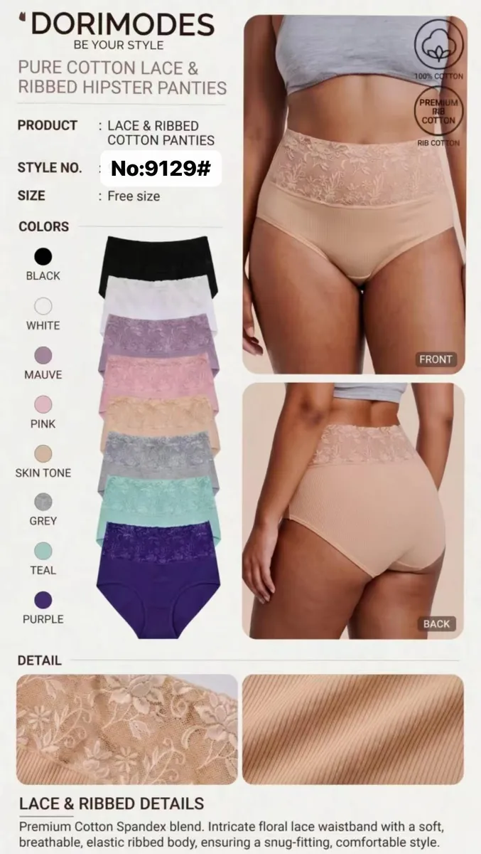 Damskie majtki hipster z koronkowym pasem i prążkowanym materiałem w różnych kolorach