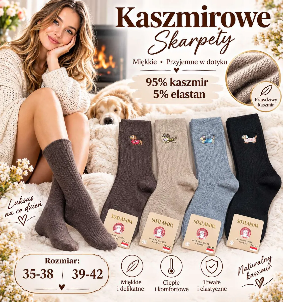 Skarpety kaszmirowe Soxlandia w kolorach brązowym, beżowym, niebieskim i czarnym z haftem psa