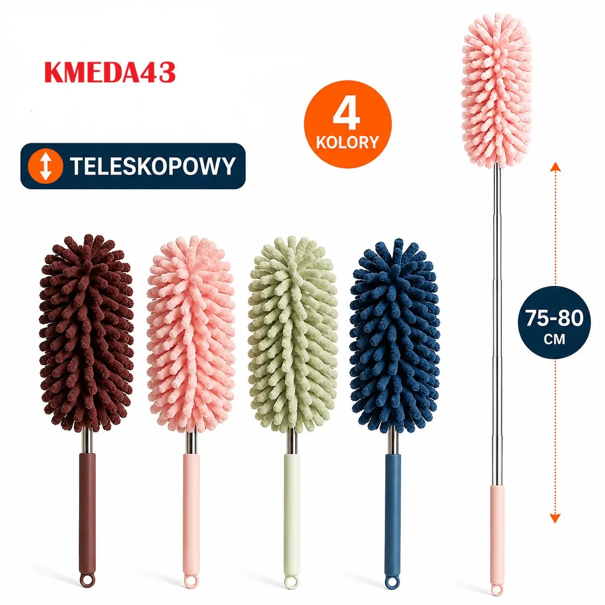 Miotełki do kurzu teleskopowe z mikrofibry w czterech kolorach, rączka regulowana 75-80 cm