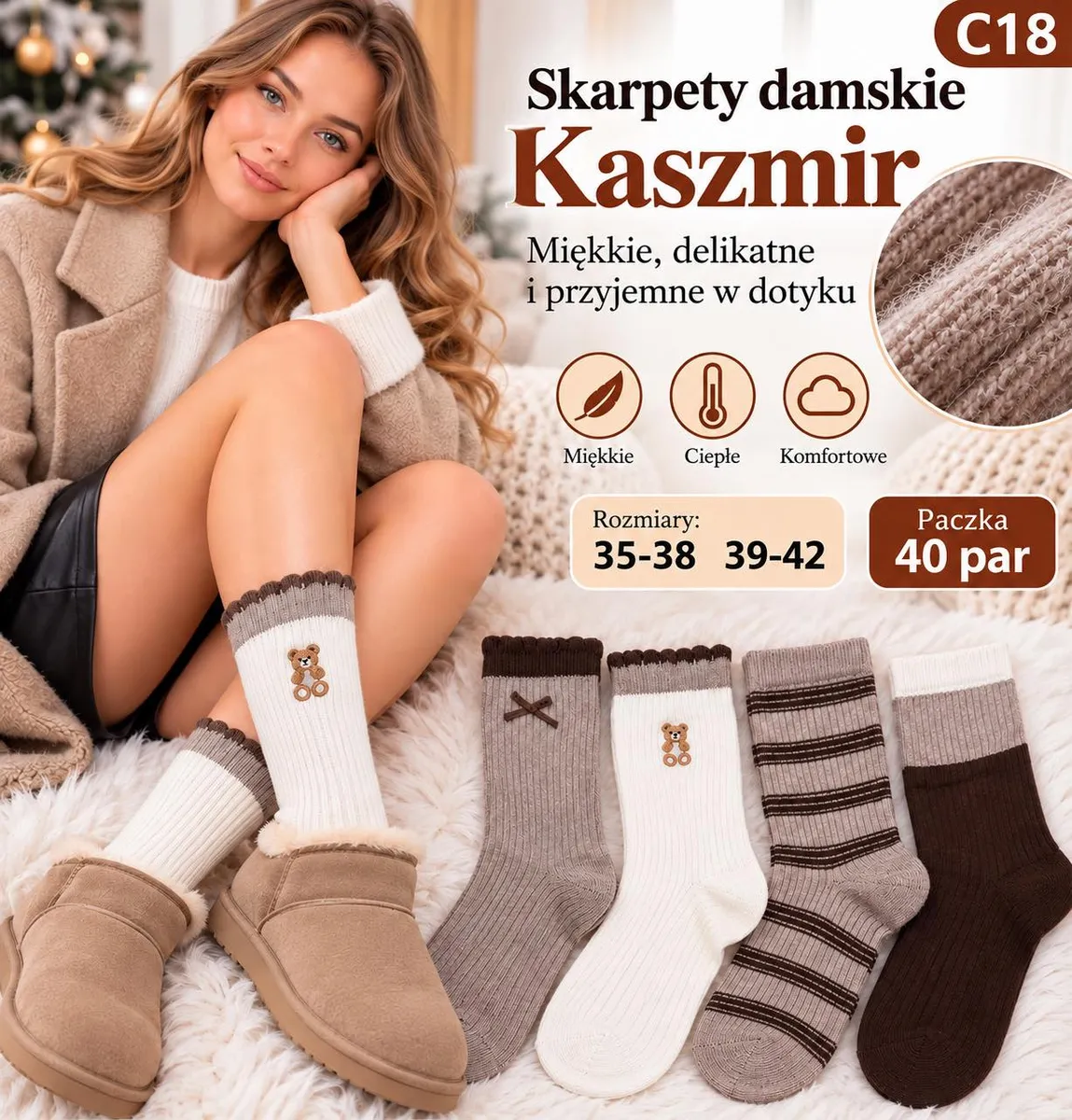 Skarpety damskie kaszmirowe w odcieniach beżu i brązu z różnymi wzorami, modelka w skarpetach i kapciach