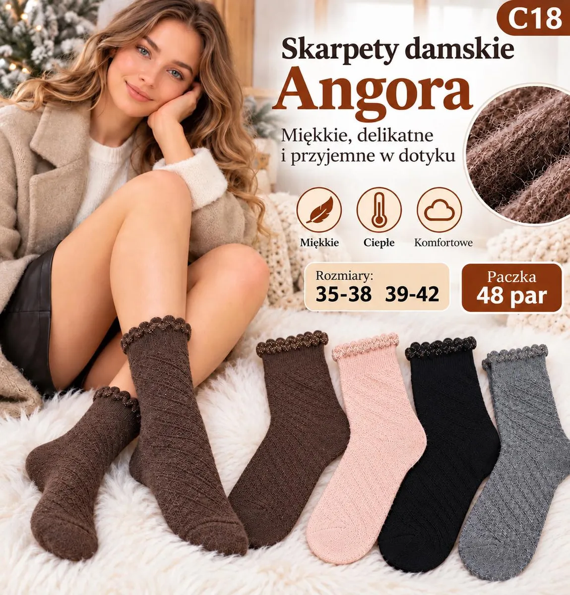 Kobieta w beżowym płaszczu nosi miękkie skarpety damskie angora w kolorze brązowym, obok różne kolory skarpet