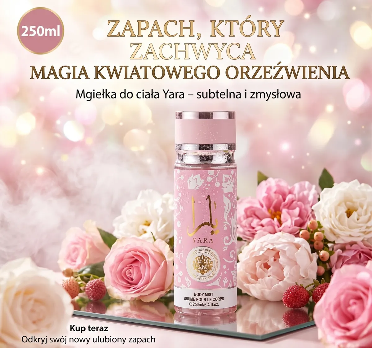 Różowa mgiełka do ciała Yara 250ml na tle kwiatów róż i piwonii
